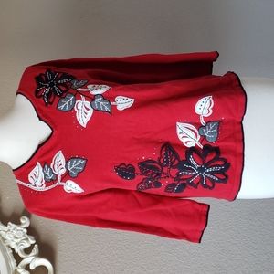 Alfred Dunner Red sweater ♥ Embroidered Floral Size PM